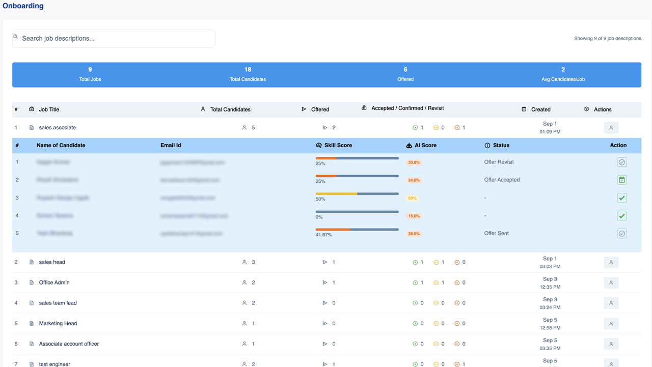 Employee onboarding status dashboard showing joining progress and required steps