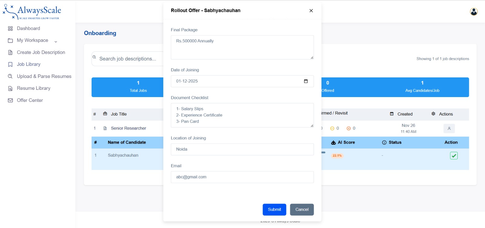 Alwayscale offer letter creation dashboard for HR teams